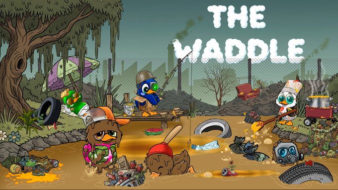 A cheerful cartoon banner titled "THE WADDLE" shows a group of ducks in a polluted swamp setting, with one duck fishing from a dock, another wearing a chef hat near a grill, and others covered in mud—illustrating the post's theme of community ("The Waddle") with no single way to participate.