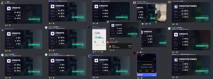 A grid of multiple NFT collection screenshots on the Credits marketplace displays various Ethereum-based assets like Punks, Checks, and Liquids, with floor prices ranging from 0.04 ETH to over 1.93 ETH. The "+1.93" listing stands out, reinforcing the post's message about successful sales ("Checks success") from the @MintedNFTs collection.