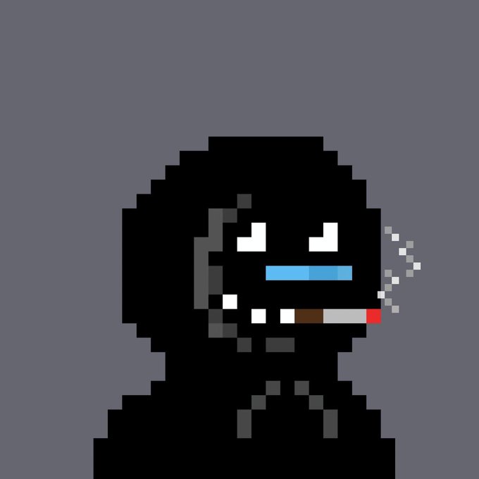 A pixel art character with an angry expression, blue tears, and a cigarette in its mouth against a gray background.