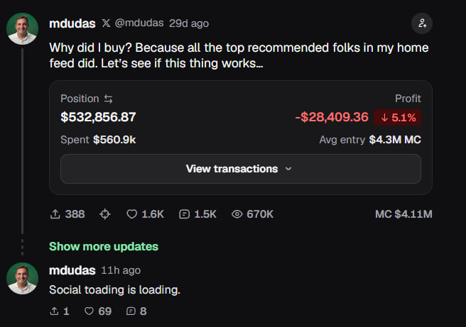 A tweet by @mdudas shows a portfolio position of $532,856.87 in $TOAD with a loss of -$28,409.36 (-5.1%), as he explains he bought because "all the top recommended folks in my home feed did," with a follow-up update stating "Social loading is loading."