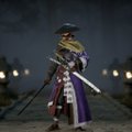 A figure in dark samurai-style armor with a wide-brimmed hat stands holding a sword against a dark, smoky background.