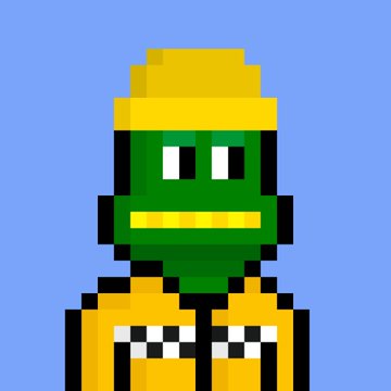 A pixel art portrait of a green-skinned character wearing a yellow cap and yellow checkered jacket against a blue background.