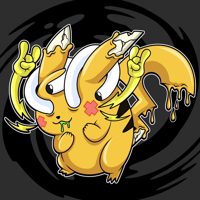 The image features a cartoon Pokemon character with yellow skin, white horns, and red eyes. The character has its arms raised in victory or defeat, depending on the context of the scene. The background consists of black swirls that create an abstract pattern around the Pokemon. The caption below the image reads "My pocket monsters look a little different. But here'S a new one! #pokemon #pokemonart #nftart #nft #solana".