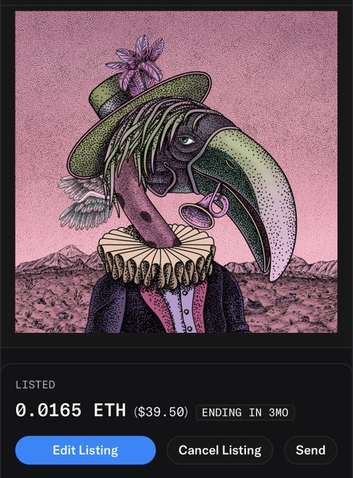 A psychedelic NFT artwork depicting a person wearing a large decorative hat with feathers and a flower, shown in a marketplace listing for 0.0165 ETH ($39.50) ending in 3 months.