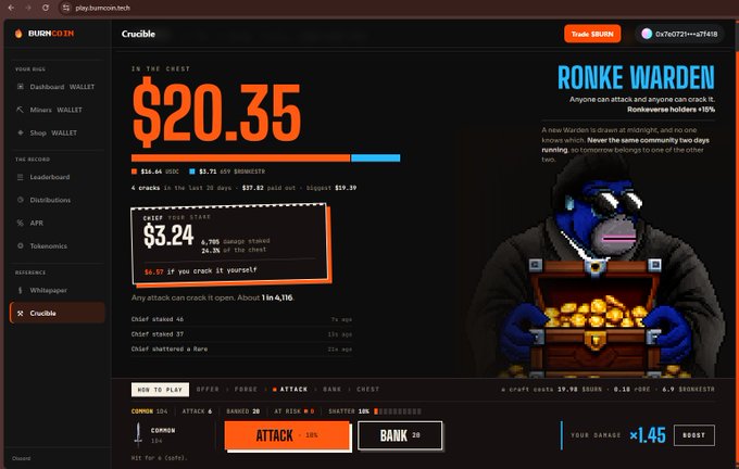A screenshot of the BURNCOIN website displaying a game called 'Crucible' with $20.35 in 'THE CHEST', featuring a cartoon character called 'RONKE WARDEN' (a blue gorilla) holding a treasure chest.