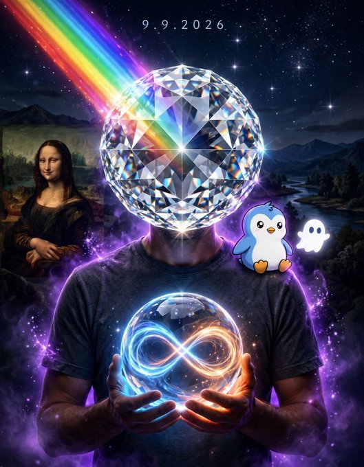 A surreal digital artwork showing a person holding a glowing infinity symbol orb, with their head replaced by a large disco ball shooting rainbow light; features the Mona Lisa, a penguin, and a ghost, with '9.9.2026' at the top.