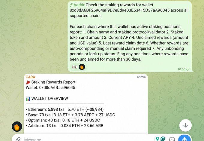 A Telegram chat screenshot showing a request to '@Aethir' for a 'Staking Rewards Report' on wallet '0xd8dA6BF...a96045', with the bot 'CARA' returning a 'Wallet Overview' listing transactions across Ethereum, Base, Optimism, and Arbitrum.