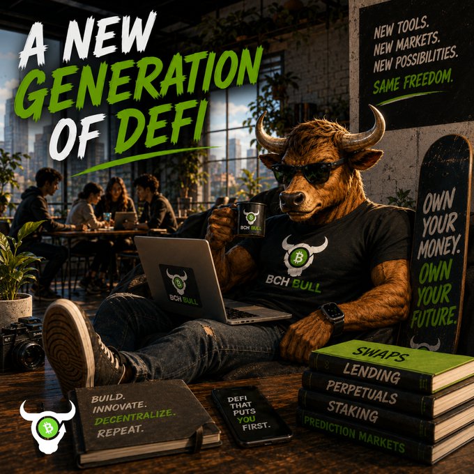 A promotional graphic featuring an anthropomorphic bull character wearing sunglasses and a 'BCH BULL' t-shirt, working on a laptop. The text reads 'A NEW GENERATION OF DEFI,' with slogans including 'BUILD. INNOVATE. DECENTRALIZE. REPEAT.', 'NEW TOOLS. NEW MARKETS. NEW POSSIBILITIES. SAME FREEDOM.', 'OWN YOUR MONEY. OWN YOUR FUTURE.', and books labeled 'SWAPS, LENDING, PERPETUALS, STAKING, PREDICTION MARKETS.'