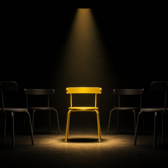 A single bright yellow chair stands out in the center, illuminated by a spotlight against a dark background, surrounded by shadowed black chairs.