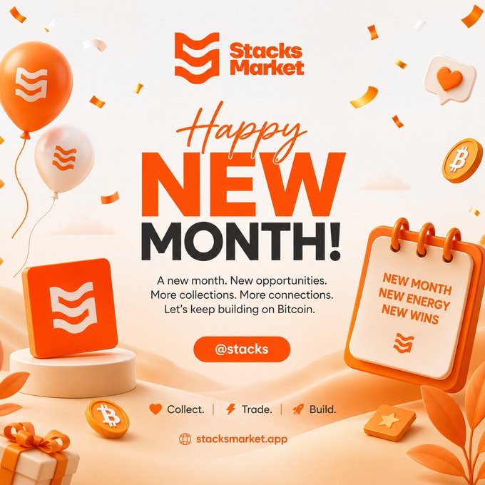 A promotional graphic from Stacks Market wishing a 'Happy New Month!' with Bitcoin and trading-related iconography, featuring text about new opportunities, collecting, trading, and building on Bitcoin, with the handle @stacks and website stacksmarket.app.