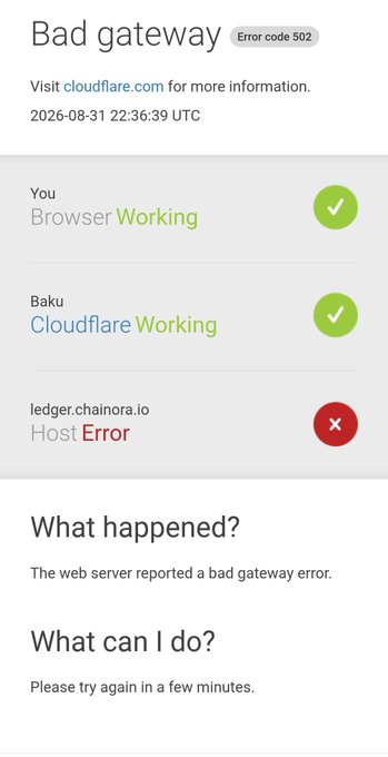 A Cloudflare error page displaying 'Bad gateway' with Error code 502, dated 2026-08-31 22:36:39 UTC, indicating a host error for ledger.chainora.io while the browser and Cloudflare are working.