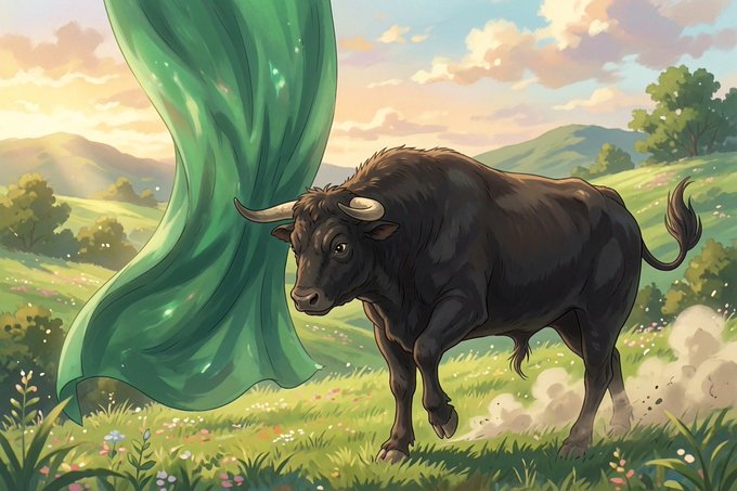 An animated illustration of a black bull charging through a green meadow with a flowing green cloth or banner, set against a sunset landscape.