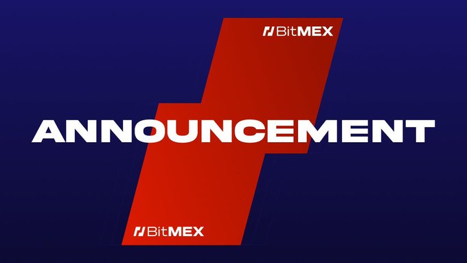 A blue and red BitMEX graphic with bold white text reading 'ANNOUNCEMENT' and the BitMEX logo displayed twice.