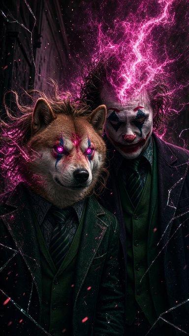 A dark digital artwork features a wolf-headed figure and a clown-faced figure in green suits, surrounded by purple lightning effects.