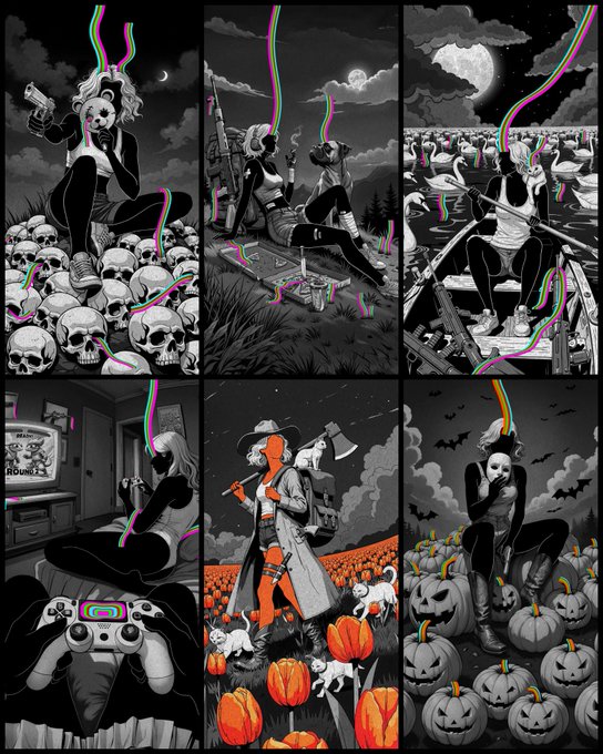 A 2x3 grid of stylized black, white, and orange illustrations featuring anime-style characters in Halloween-themed scenes, including pumpkins, skulls, and witch motifs, with prominent chromatic aberration effects.