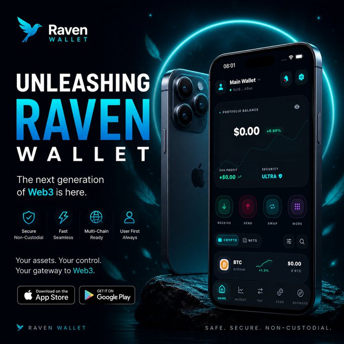 The image features a cell phone displaying an app called Raven Wallet that allows users to send money through Bitcoin transactions. The phone is placed on top of a rock, with a blue background and white text. Below the phone, there are three different texts written in black font, including "Unleashing Raven Wallet", "The next generation of Web3 is here", and "Your control is important".