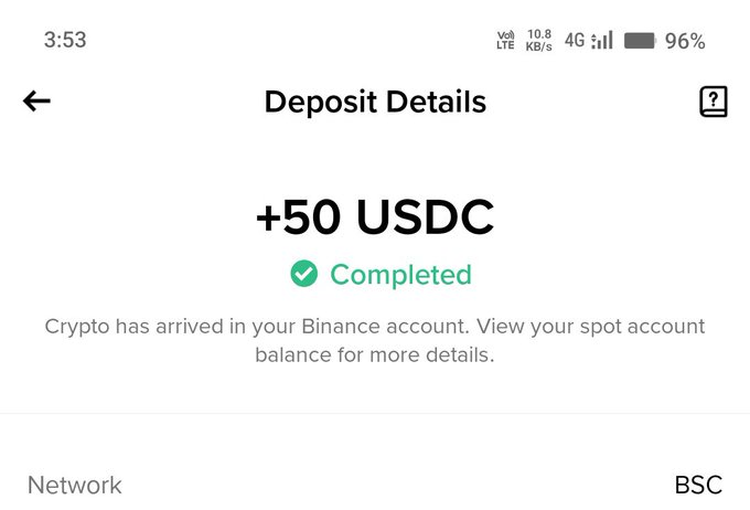 Screenshot of a Binance app 'Deposit Details' page showing a completed deposit of +50 USDC via the BSC network.
