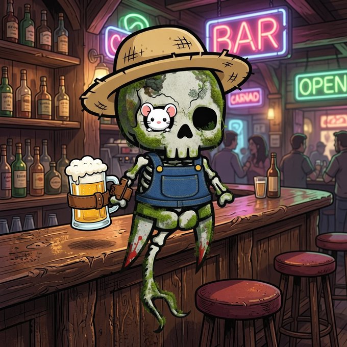 A mossy skeleton farmer in overalls and a straw hat holds a frothy mug of beer at a neon-lit bar, with a tiny white mouse peeking from one of its eye sockets and visible signs reading "BAR" and "OPEN." The whimsical undead bartender ties into the "Re-Animated Dead" NFT collection promotion, capturing its playful Halloween-esque spirit five days before launch.