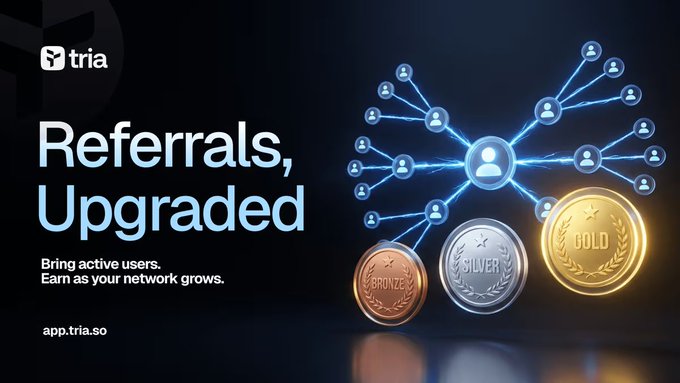The image features a poster for a project called "gTria I have been advising web3 protocols on how to design sustainable growth loops most projects destroy their token treasury by paying out points to sybil bot @useTria is rewriting the growth playbook in season 3 with strict action barriers referrals are only counted if". The poster includes three coins, each representing a different type of coin: gold, silver, and bronze. These coins symbolize the various types of coins that can be referred to by users on the platform.
