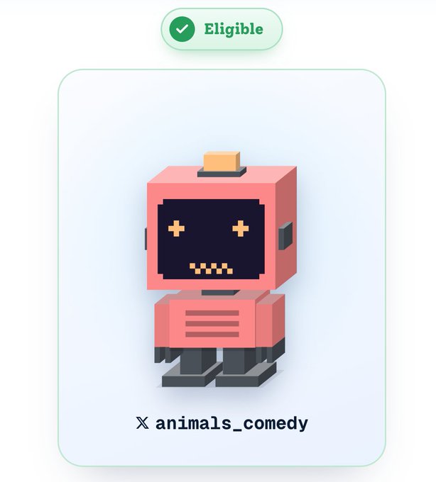 A profile card labeled “Eligible” features a pink pixel-art robot and the username “animals_comedy,” preceded by an X logo.