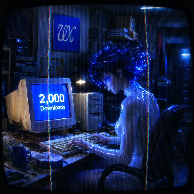 Digital art depicting a glowing, crystalline humanoid figure working at a retro computer showing '2,000 Downloads' in a dark, atmospheric room with a VHS-style filter.