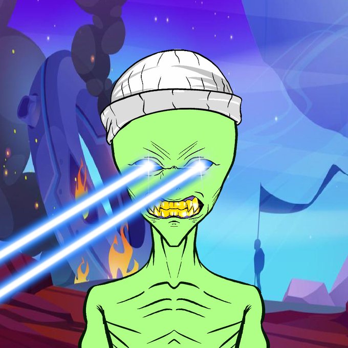Cartoon illustration of a green alien-like creature wearing a gray beanie, with glowing eyes shooting laser beams.
