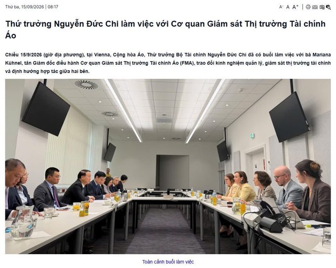 A Vietnamese news article screenshot dated 15/9/2026 showing a meeting between Vietnamese Finance Minister Nguyễn Đức Chi and the Austrian Financial Market Authority (FMA), led by Mariana Kühnel.