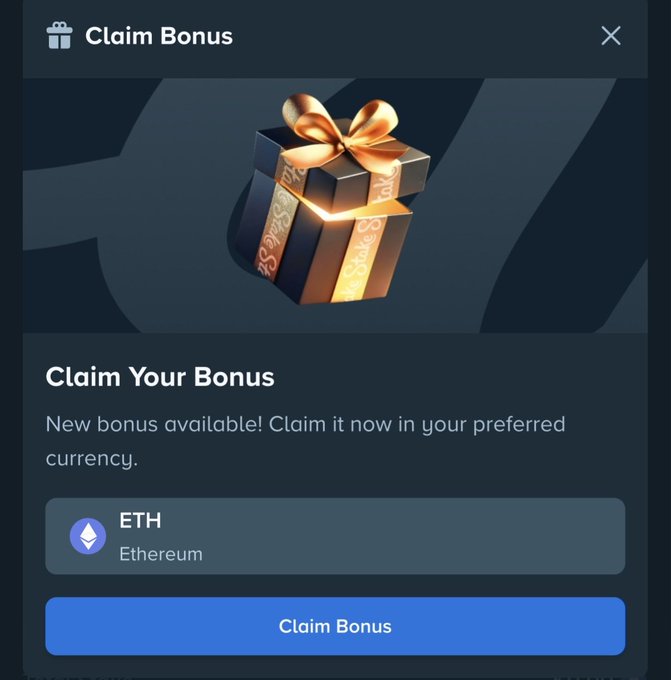 A "Claim Bonus" popup window from Stake US displays a glowing gift box and offers a new bonus claimable in ETH (Ethereum), with a blue "Claim Bonus" button at the bottom—directly illustrating the second monthly bonus giveaway promoted in the post.
