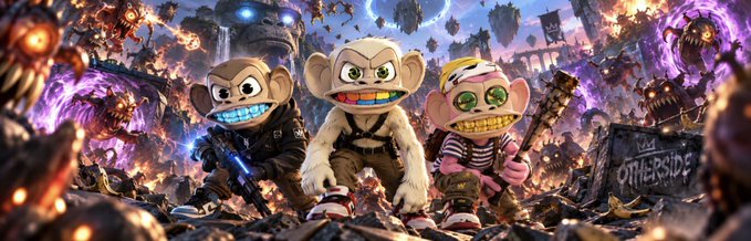 A chaotic battle scene featuring three monkey-like NFT characters in an action-packed pose, with a tombstone reading "OTHERSIDE" on the right side.