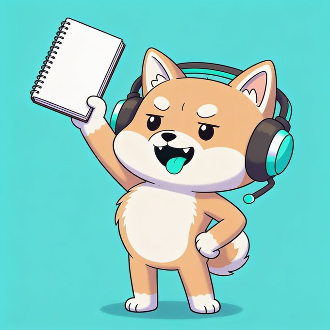 A cheerful cartoon Shiba Inu mascot wearing a headset triumphantly holds up a blank spiral notebook, capturing the "writing the plan tomorrow" sentiment of a new month launch. The eager, ready-to-go pose perfectly matches the bullish "gm wuf pack" morning energy and determination to outline what's next.