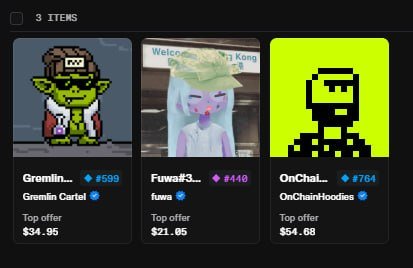 The image shows a collection of three NFTs being displayed, including "Gremlin Cartel" (#599) priced at $34.95, "Fuwa" (#1446) at $21.05, and "OnChainHoodies" (#764) at $54.69, each marked as "Top offer" with verified checkmarks. The post highlights the user's purchase of these three Robinhood OG collection NFTs, noting the opportunity to buy at attractive floor prices given the thin market conditions.