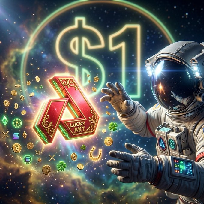 An astronaut, dressed in a white spacesuit with blue accents and a green helmet, stands against a backdrop of a vibrant nebula, holding a red "Lucky Art" sign above their head.