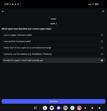 A dark-mode mobile app onboarding screen for 'op3n' asking 'Which option best describes your current crypto setup?' with multiple choice answers including 'I'm new to crypto / I don't self-custody yet' selected.