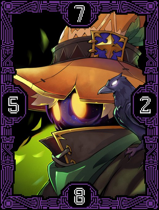 A digital illustration of a character wearing a wide-brimmed orange hat with glowing purple eyes, accompanied by a black bird perched on their shoulder, framed by a purple border containing the numbers 7, 5, 2, and 8.