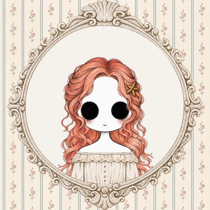 An illustration of a pale character with large black eyes, long wavy red hair, and a small smile, framed in an ornate oval mirror against floral wallpaper.