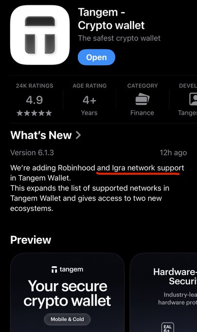 The image shows the Tangem crypto wallet app store page highlighting version 6.1.3's "What's New" section, which announces the addition of Robinhood and Igra network support to Tangem Wallet. This relates to the post by celebrating the integration of Igra Labs, which likely supports the Kaspa ($KAS) ecosystem mentioned.