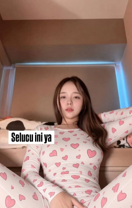 A young woman wearing white pajamas with pink heart patterns sits in bed, looking at the camera. The Indonesian text "Selucu ini ya" (meaning "This cute, right?") is overlaid on the image, while the accompanying post links to multiple MP4 videos, suggesting the image is a thumbnail or preview from the video content.