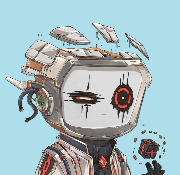 An illustration of a robot character with a TV-like head, a red circular eye, and broken metal pieces floating above its head.