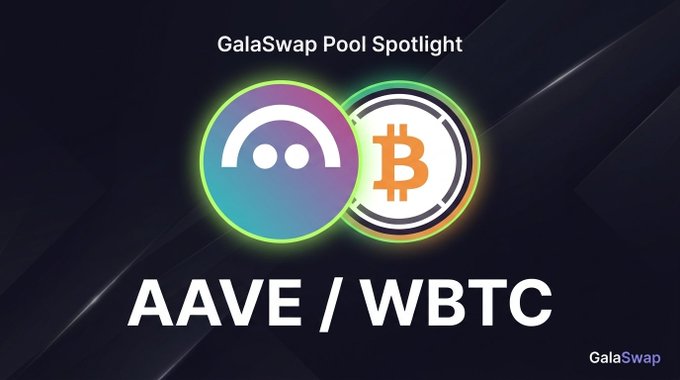 A promotional graphic for GalaSwap's AAVE/WBTC pool spotlight, featuring the colorful AAVE logo and orange Bitcoin "₿" symbol side-by-side against a dark background, with the header "GalaSwap Pool Spotlight" and the pair "AAVE / WBTC" displayed prominently below.