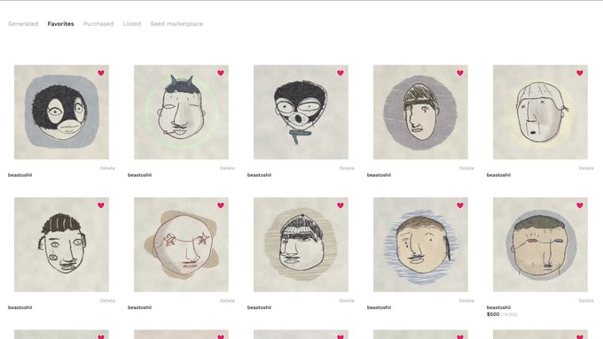 Screenshot of an NFT marketplace interface showing a "Favorites" tab with multiple crude hand-drawn digital avatar portraits credited to the username "beastoshi."