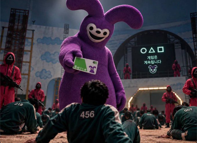 A scene resembling Squid Game features a large purple bunny character holding out a Suica card toward numbered participants in green tracksuits, with guards in red hoods nearby and signs reading "O△□" and "개임은 계속됩니다" in the background.