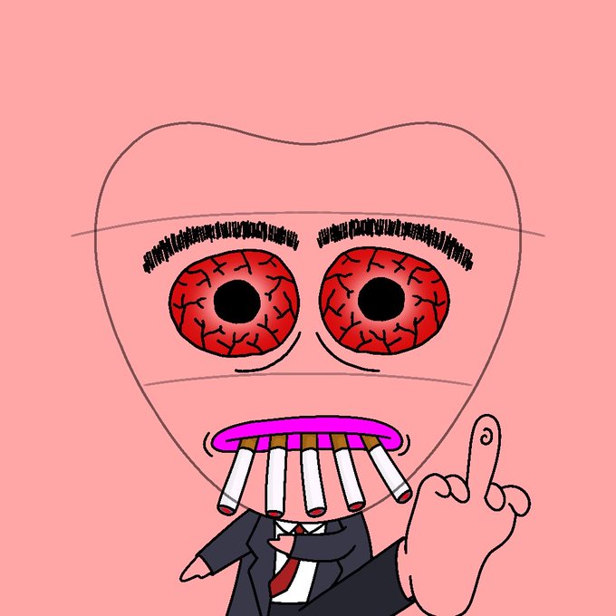 A bizarre digital drawing of a pink tooth-like face with bloodshot eyes, a mouth full of cigarettes, and a suited body pointing upward against a pink background.