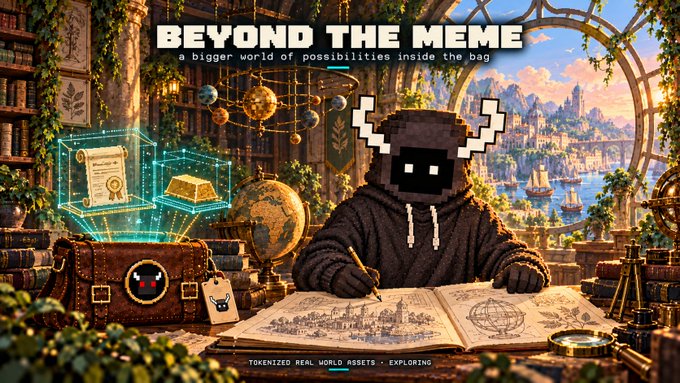 A digital poster titled 'BEYOND THE MEME' featuring a pixelated character writing in a book, surrounded by fantasy landscape elements, a glowing globe, and a leather bag, with the text 'TOKENIZED REAL WORLD ASSETS - EXPLORING'.
