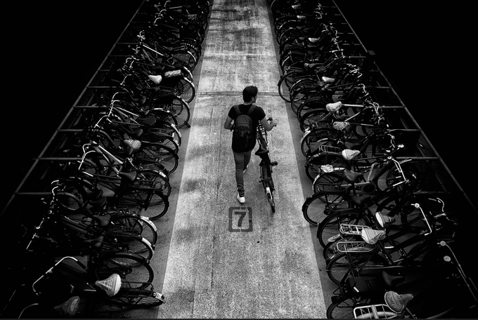 A lone cyclist walks through a symmetrical corridor of densely packed bicycles, passing over a marked "7" on the pavement—a quiet arrangement that mirrors the post's reflection on how bicycle racks impose order on urban density while preserving pathways for movement.
