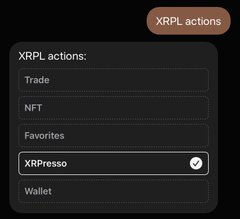 A digital interface menu titled "XRPL actions:" with options including Trade, NFT, Favorites, Wallet, and "XRPresso" which is currently selected with a checkmark.