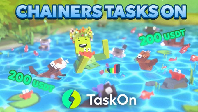 A promotional graphic for 'TASKON' titled 'CHAINERS TASKSON' featuring Minecraft-style blocky characters in water, with '200 USDT' text and the TaskOn logo.