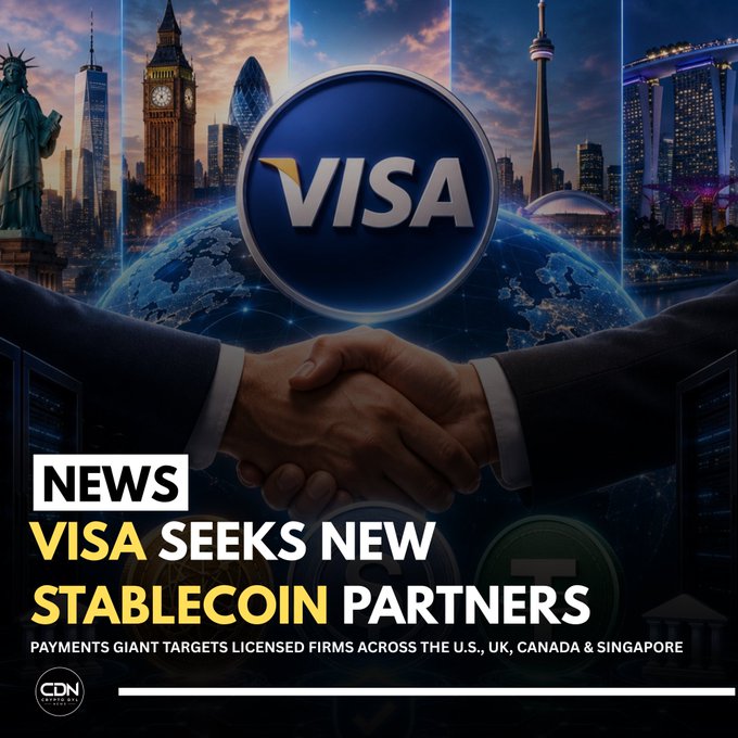 A news graphic with a handshake image over a globe, featuring text "NEWS - VISA SEEKS NEW STABLECOIN PARTNERS - PAYMENTS GIANT TARGETS LICENSED FIRMS ACROSS THE U.S., UK, CANADA & SINGAPORE" with the CDN logo.