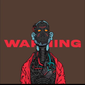 A menacing figure wearing a hockey-style mask and an open red jacket exposing a robotic, mechanical body stands against a brown background with the bold red word "WARNING" displayed across the center, fitting the post's warning theme about not missing the final Phase 5 mint of the @_BADGUYZ_555 Genesis NFT collection.