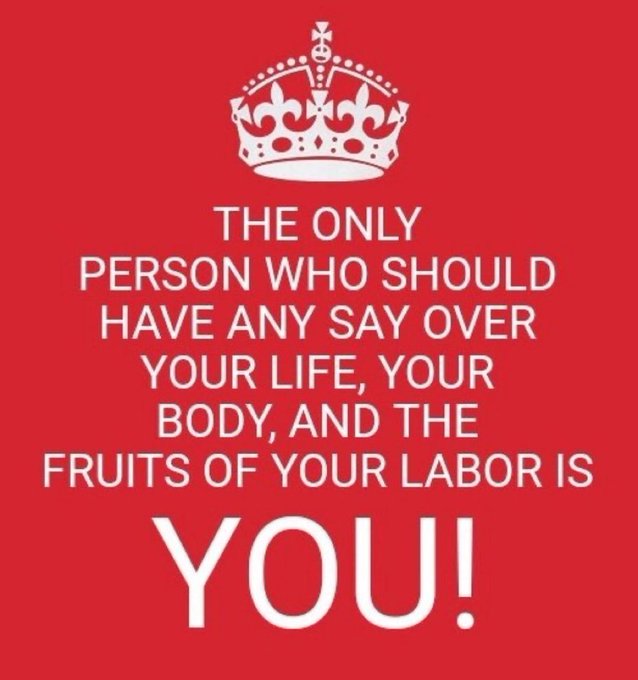 A red graphic features a white crown at the top with the text: "THE ONLY PERSON WHO SHOULD HAVE ANY SAY OVER YOUR LIFE, YOUR BODY, AND THE FRUITS OF YOUR LABOR IS YOU!" The post promotes Bitcoin as a tool for personal sovereignty and individual autonomy, aligning with the image's message of self-ownership and independence from external control.