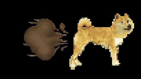 A low-resolution pixelated image showing a brown cluster resembling dung on the left and a tan dog standing on the right against a black background.